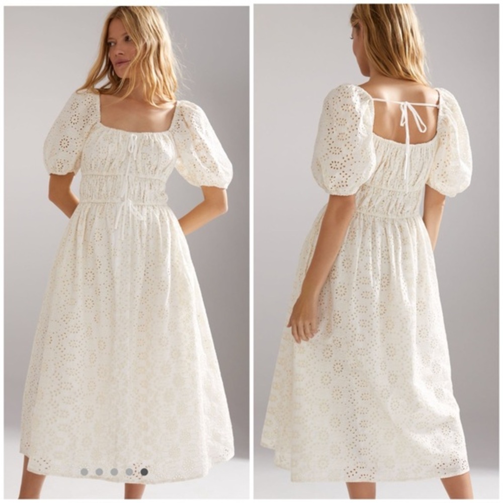 💋Anthropologie En Saison puff sleeve ivory White Eyelet Midi Dress